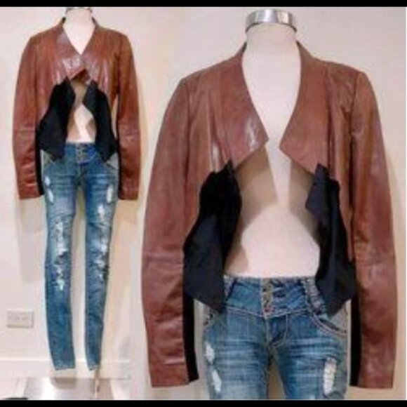 💥RETRO CHIC💥BCBGMaxAzria "Luke" Lambskin Draped Leather Jacket in Toffee